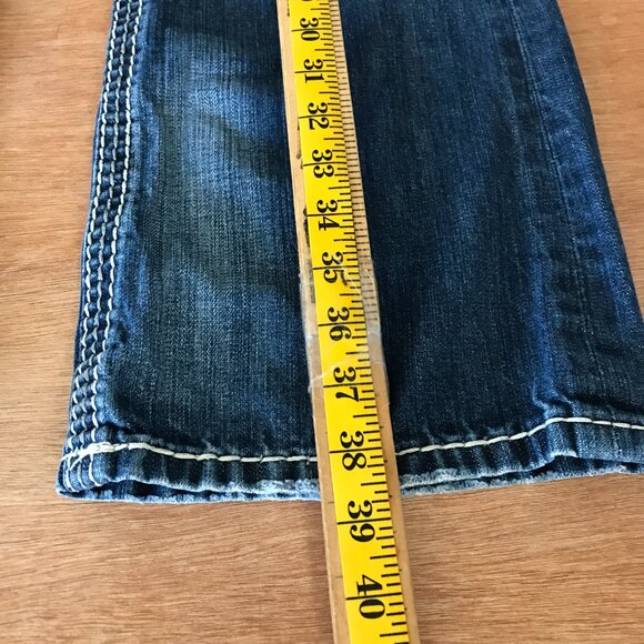 Rock Revival Jasper Bootcut Jean Men 34x28 Blue Mid Rise Distressed Thick Stitch - Picture 7 of 14
